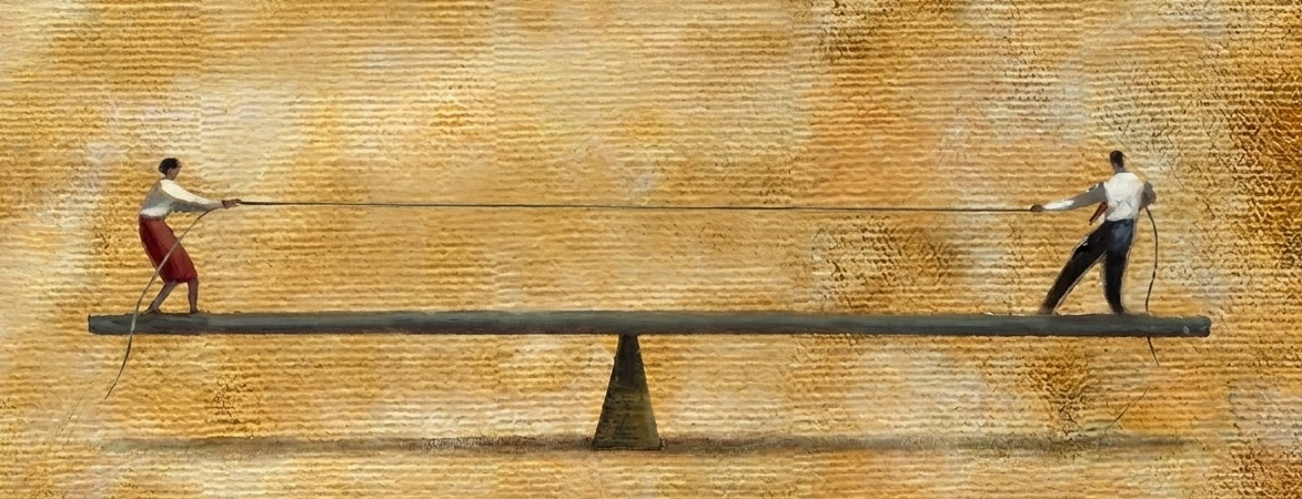 Two figures on a balance beam